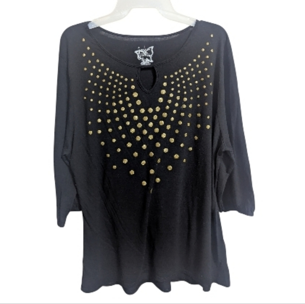 Just My Size Women's Top Sz 2X 18W/20W Black Gold Dots 3/4 Sleeve NEW W-478